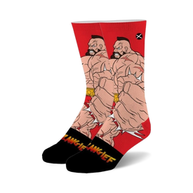 red and black street fighter 2 zangief socks with a cotton blend, available in various sizes for men and women.  