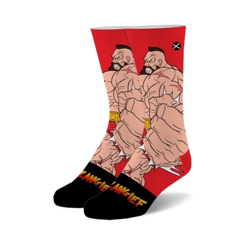 red and black street fighter 2 zangief socks with a cotton blend, available in various sizes for men and women.  