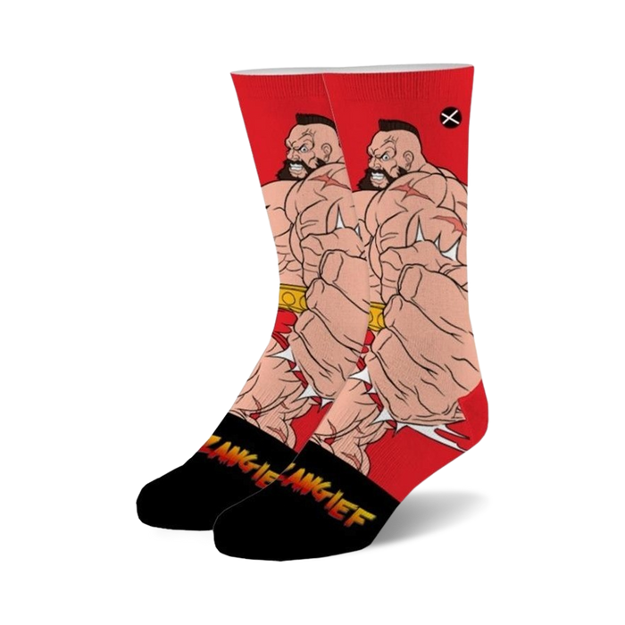 red and black street fighter 2 zangief socks with a cotton blend, available in various sizes for men and women.   }}