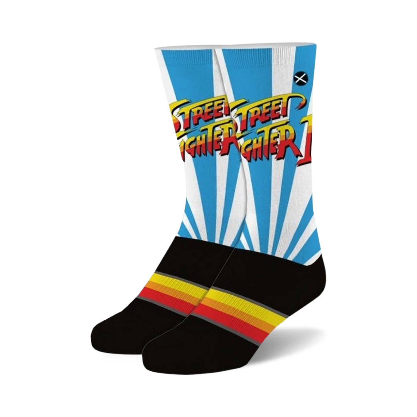 Crew socks in black, white, and blue.  The Street Fighter 2 logo is prominently displayed against a sunburst background.