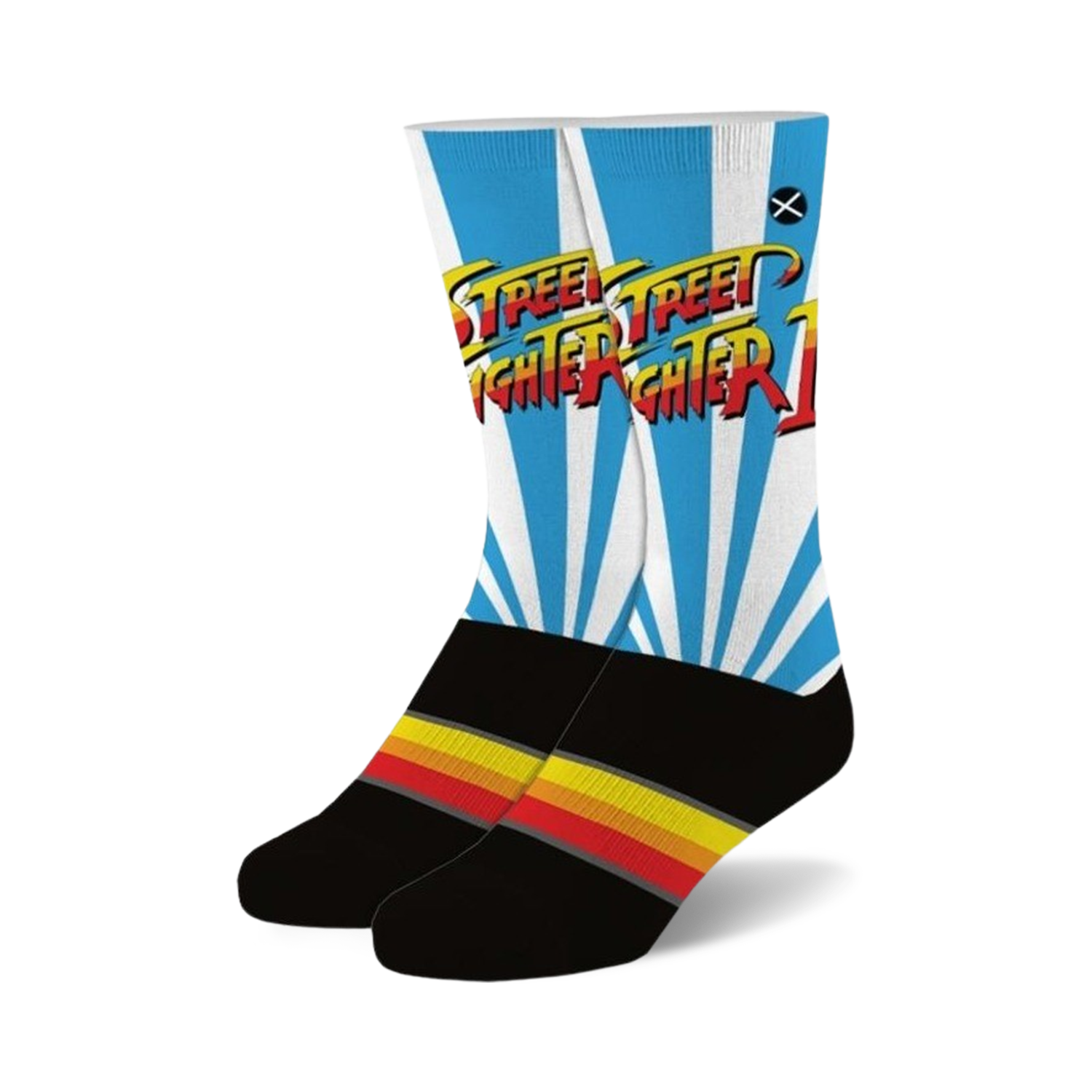 Crew socks in black, white, and blue.  The Street Fighter 2 logo is prominently displayed against a sunburst background.