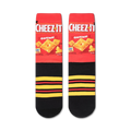 Close-up shot of Cheez-It socks, highlighting the Cheez-It box design on the sock.