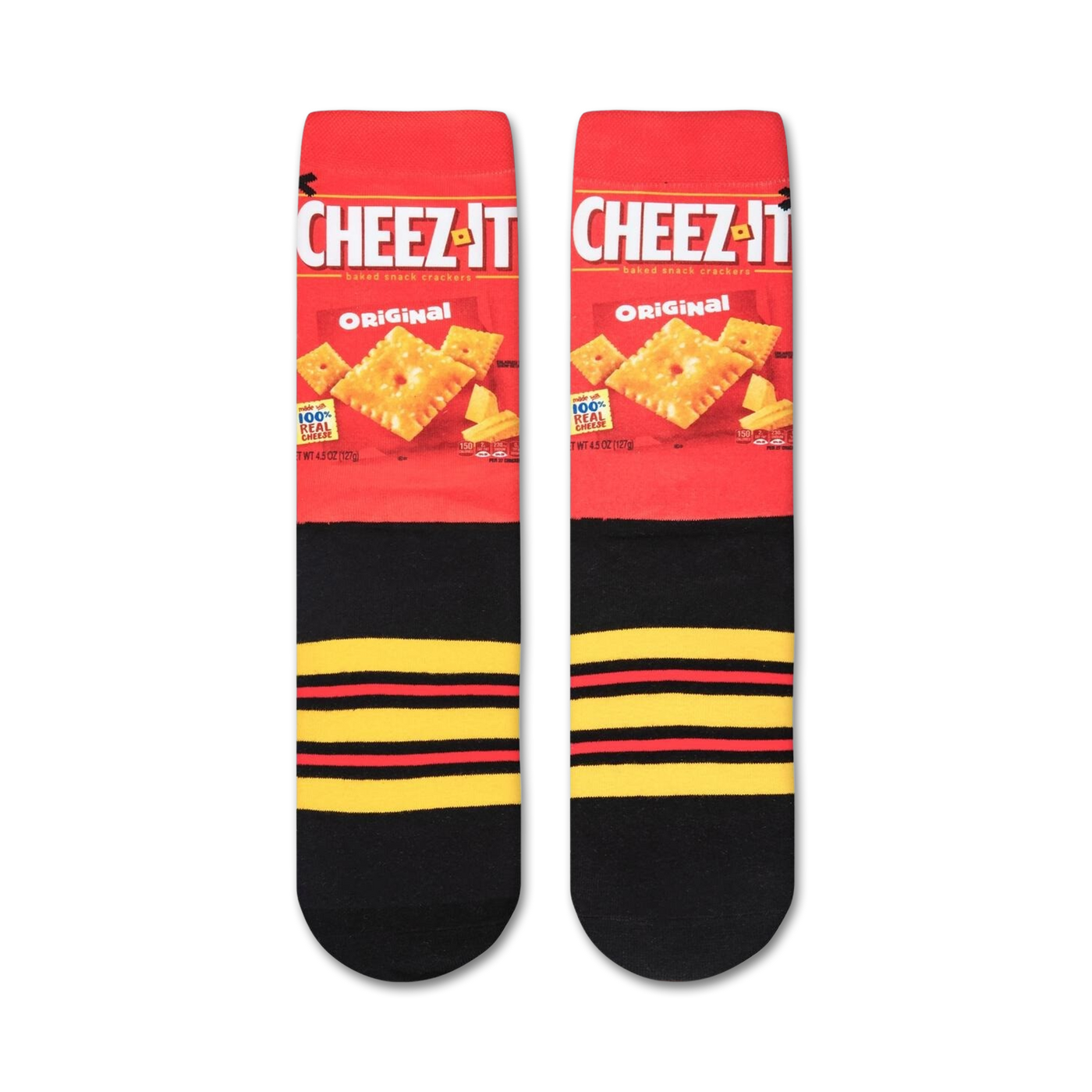 Close-up shot of Cheez-It socks, highlighting the Cheez-It box design on the sock.
