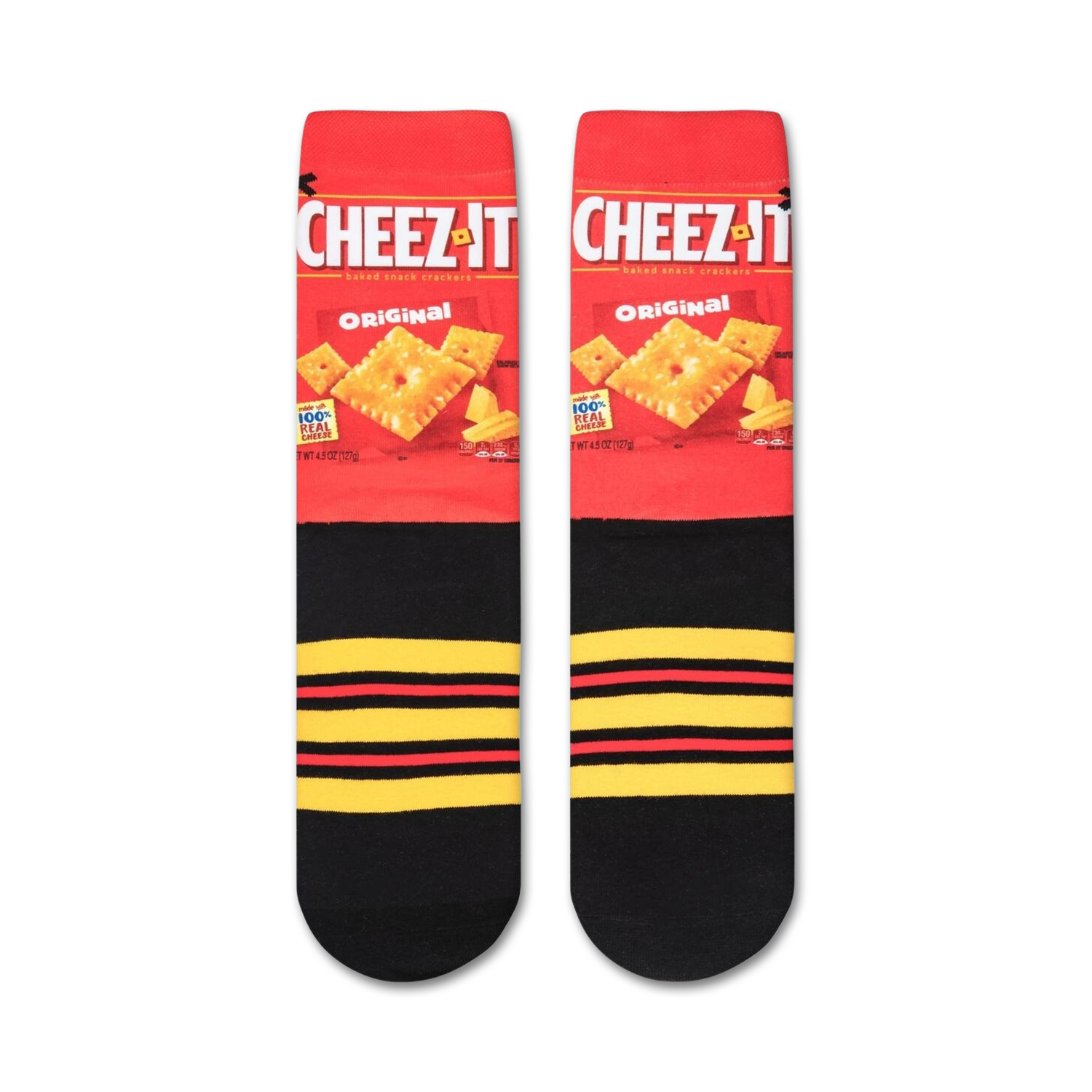 Close-up shot of Cheez-It socks, highlighting the Cheez-It box design on the sock.