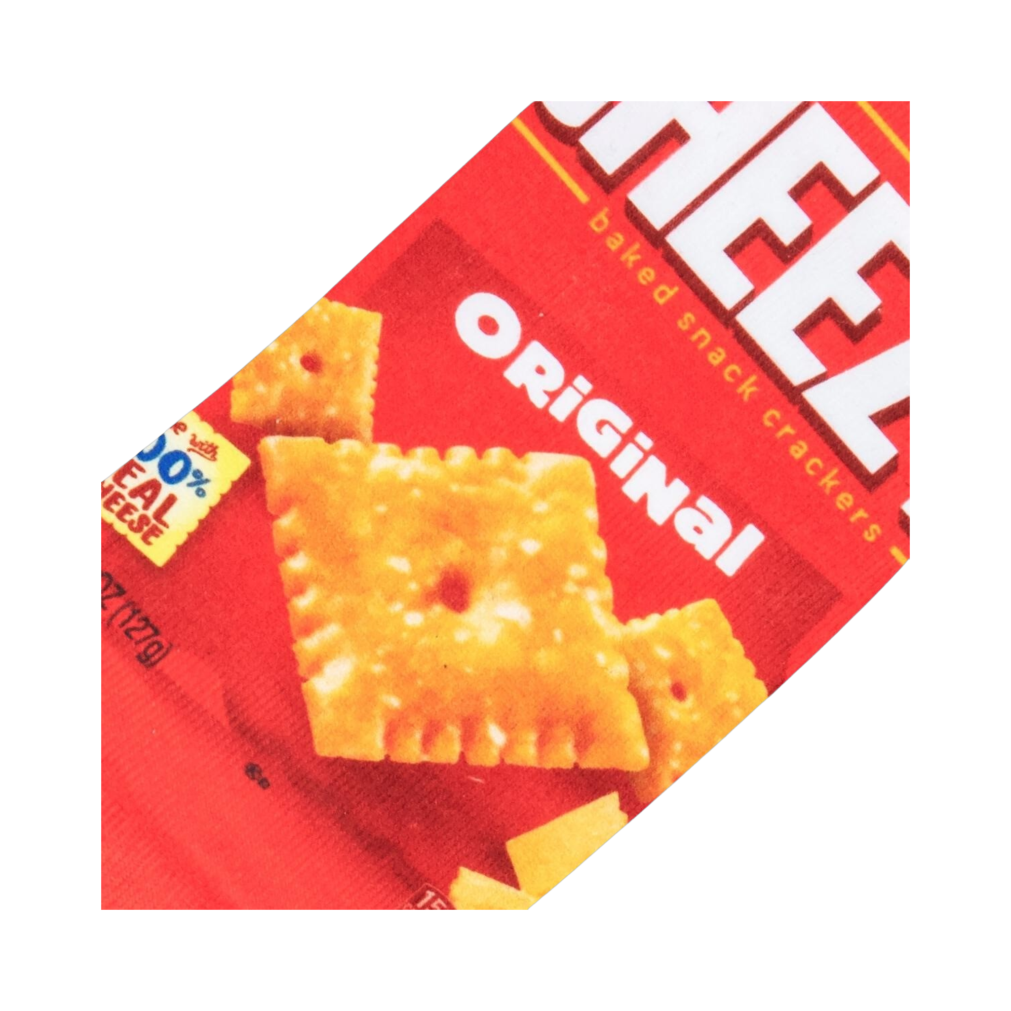 Detailed image showcasing the texture and design elements of the Cheez-It socks.