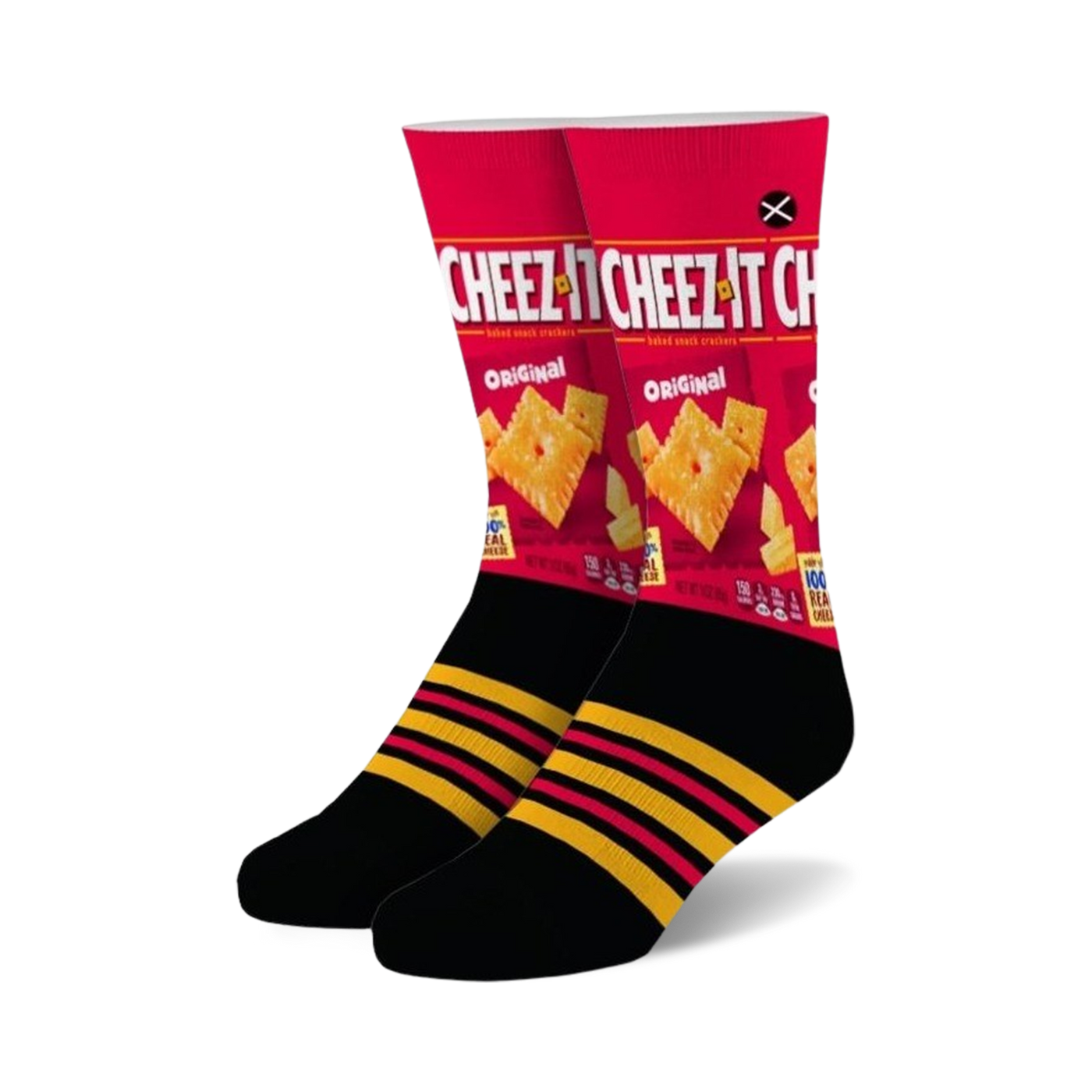 Pair of crew socks showcasing a Cheez-It box design.  Red, black, and yellow are the main colors. Features black stripes on the cuff.