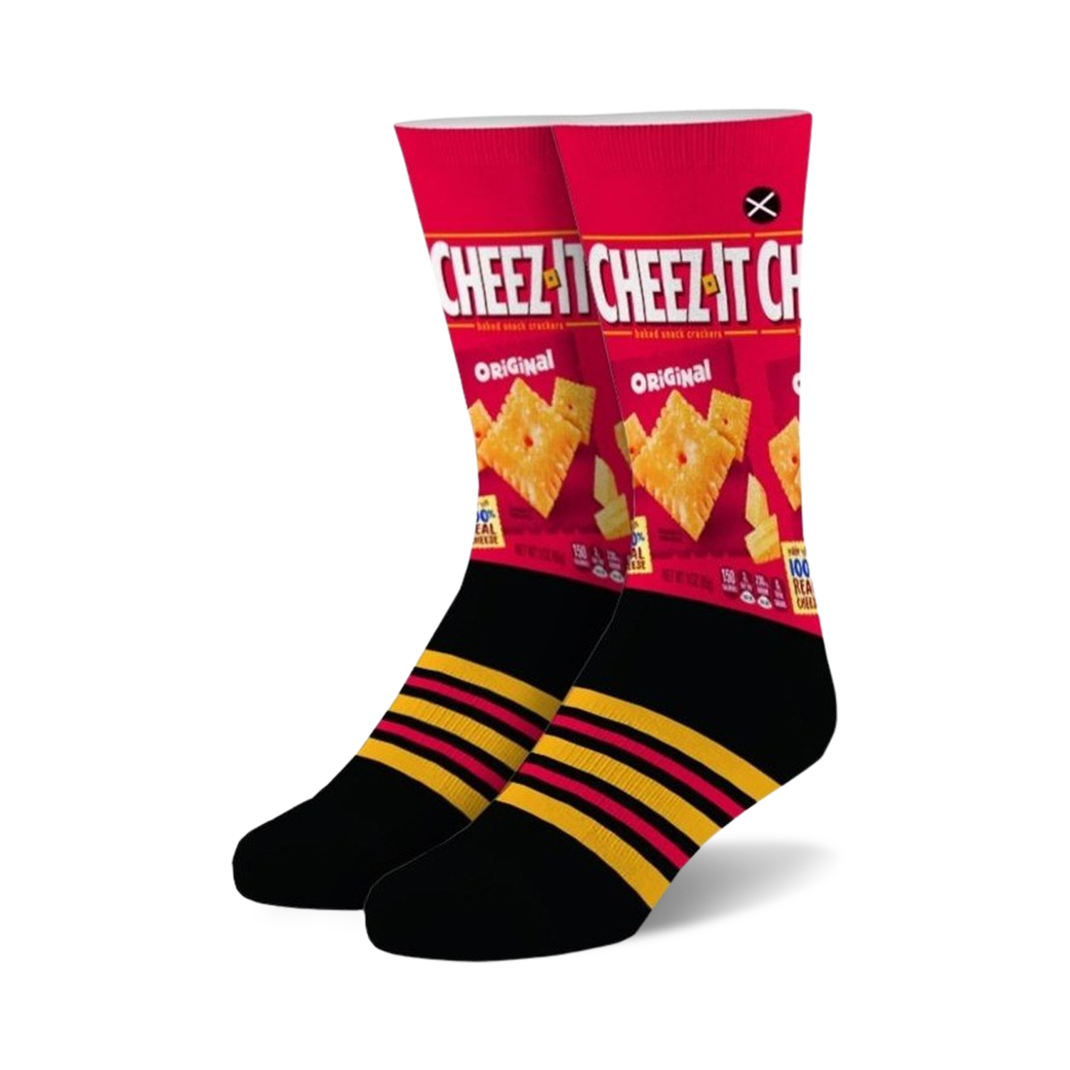 Pair of crew socks showcasing a Cheez-It box design.  Red, black, and yellow are the main colors. Features black stripes on the cuff.