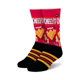 cheez-it box: red and black crew socks adorned with a pattern of yellow and orange cheez-its.   
