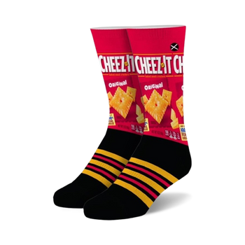 cheez-it box: red and black crew socks adorned with a pattern of yellow and orange cheez-its.   