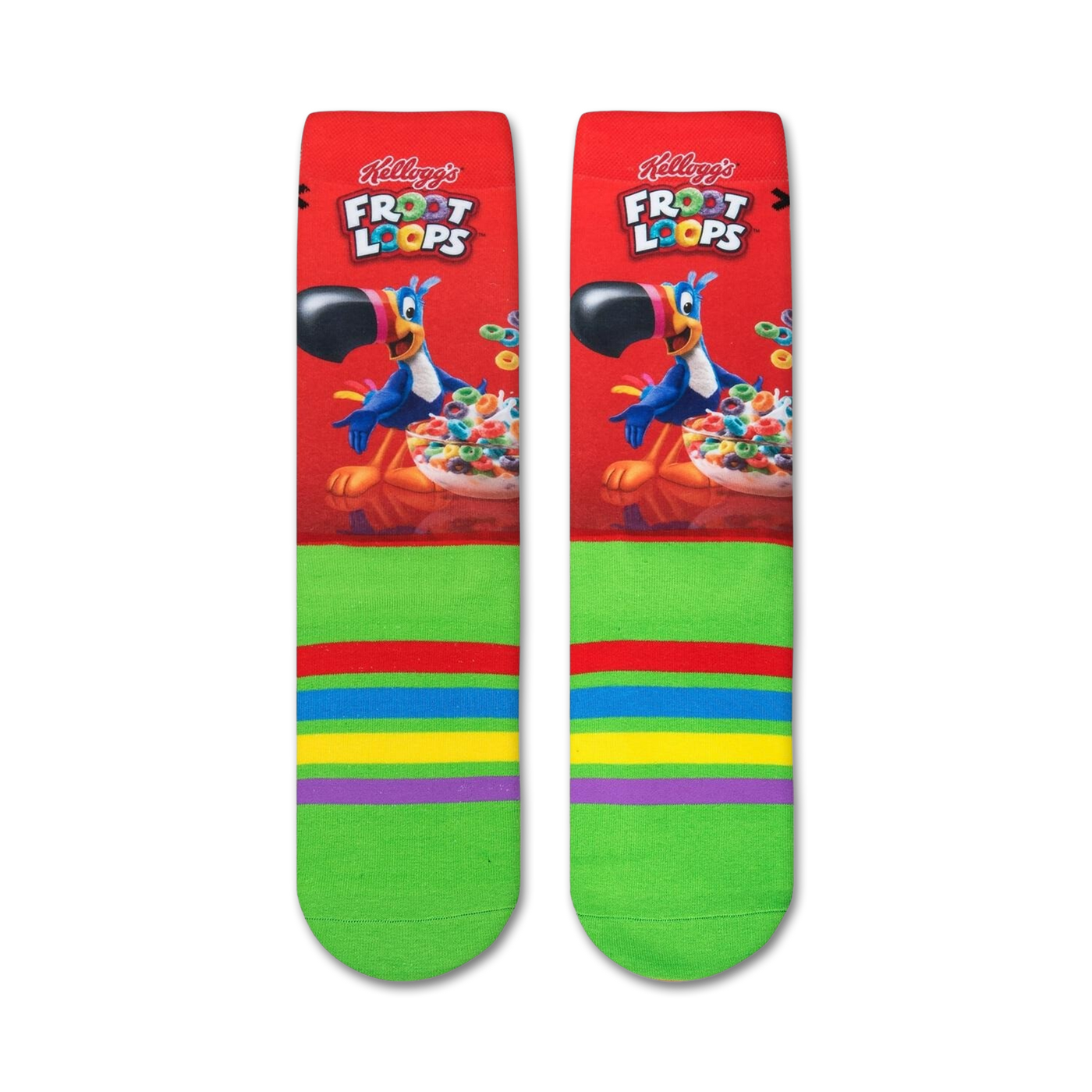Flatlay showcasing the pair of Froot Loops socks, highlighting the design details.