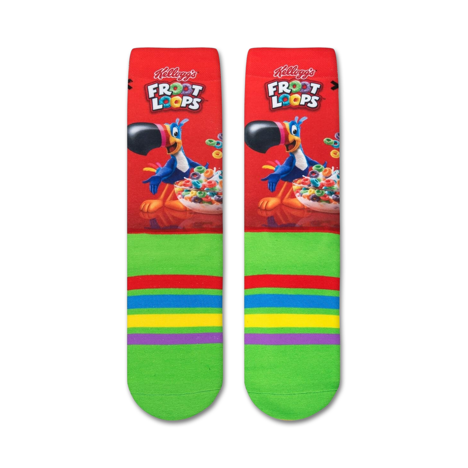 Flatlay showcasing the pair of Froot Loops socks, highlighting the design details.