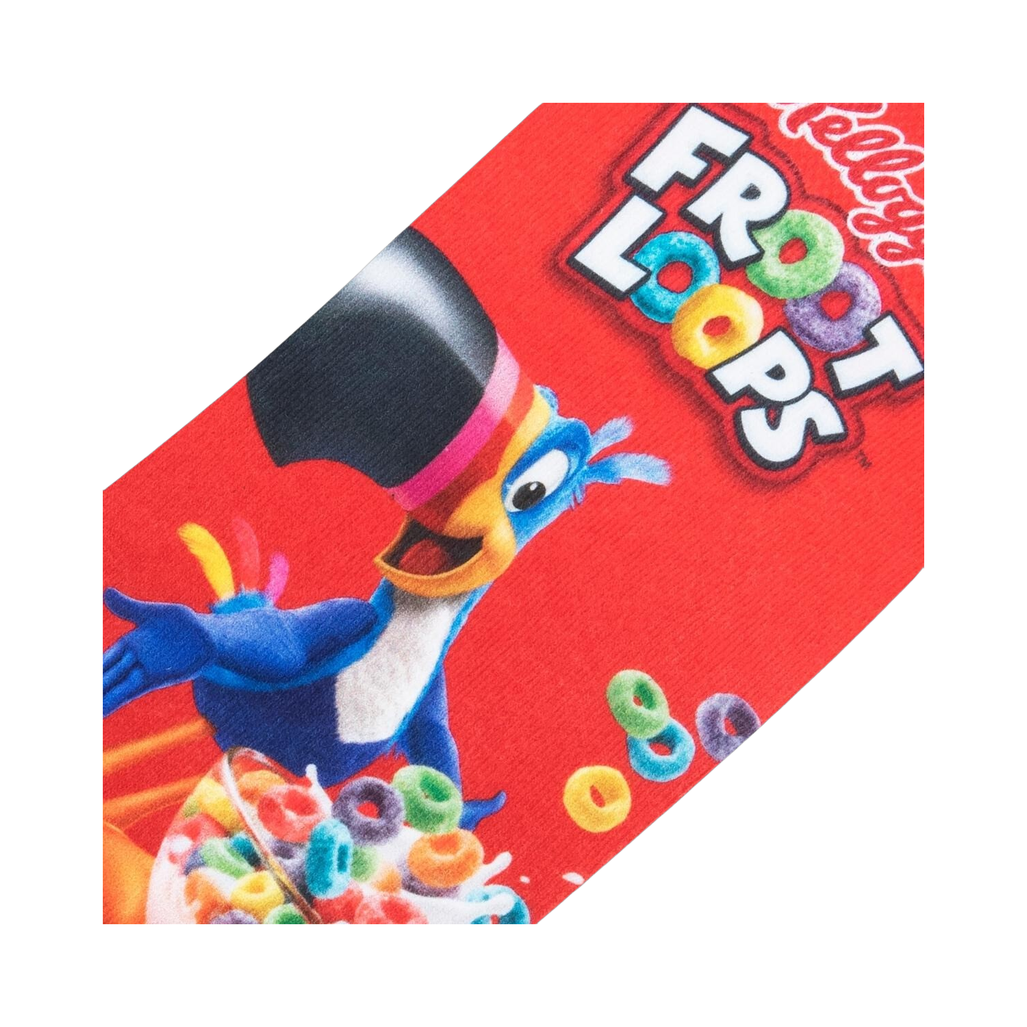 Close-up detail shot of the sock, focusing on Toucan Sam and the Froot Loops cereal print.