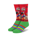 Crew socks featuring a vibrant red Froot Loops design with Toucan Sam, complemented by a green cuff and rainbow stripes.