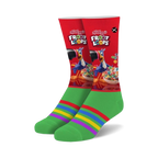 Crew socks featuring a vibrant red Froot Loops design with Toucan Sam, complemented by a green cuff and rainbow stripes.
