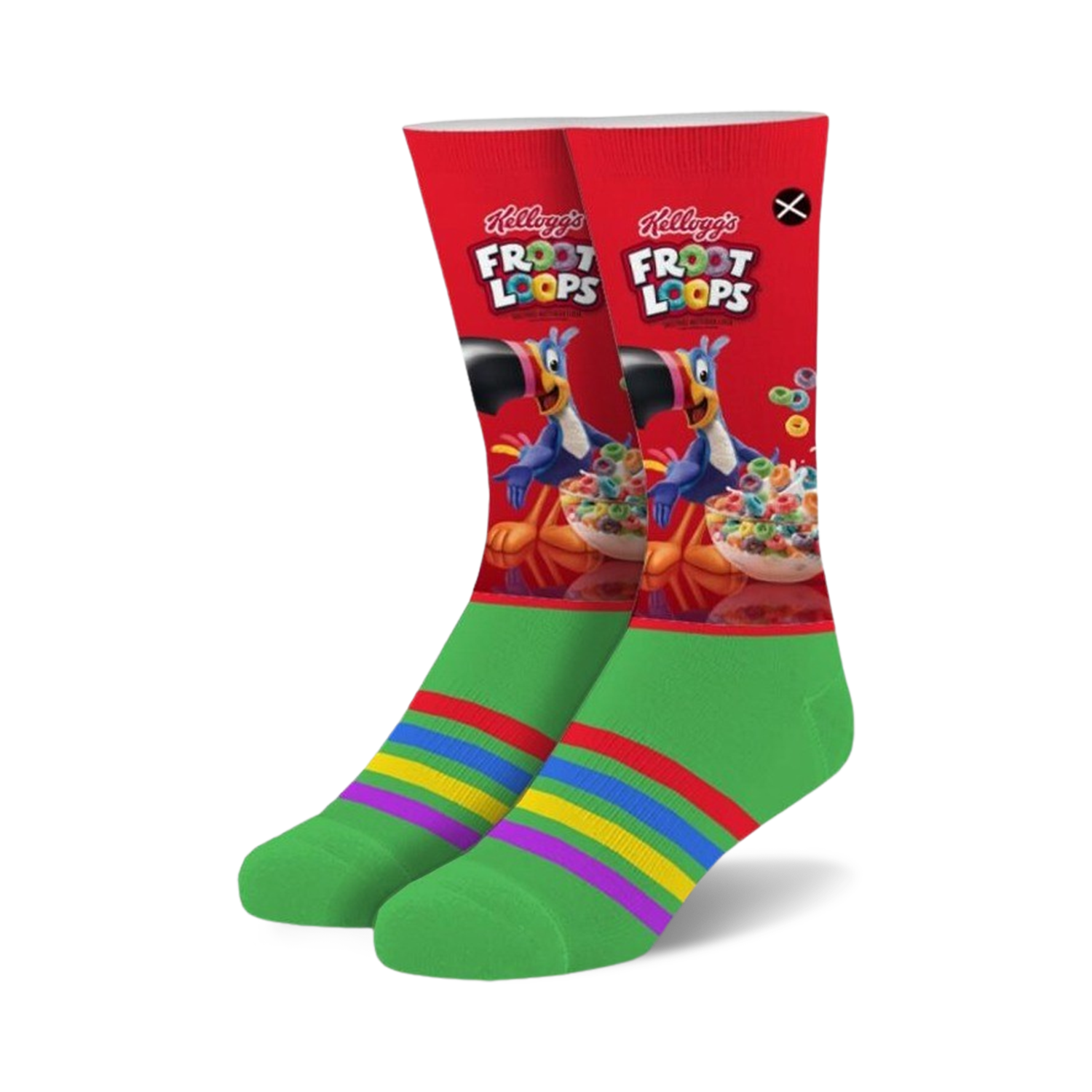 Crew socks featuring a vibrant red Froot Loops design with Toucan Sam, complemented by a green cuff and rainbow stripes.