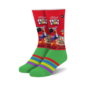 green crew socks with a red and yellow striped cuff and colorful froot loops pattern.   