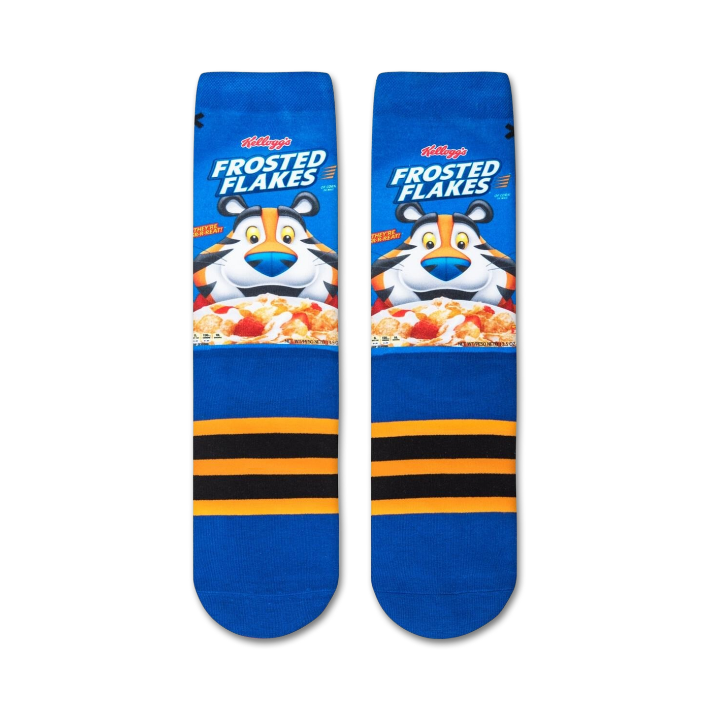 Close-up view of two Frosted Flakes socks laid flat, showing the full design and details.