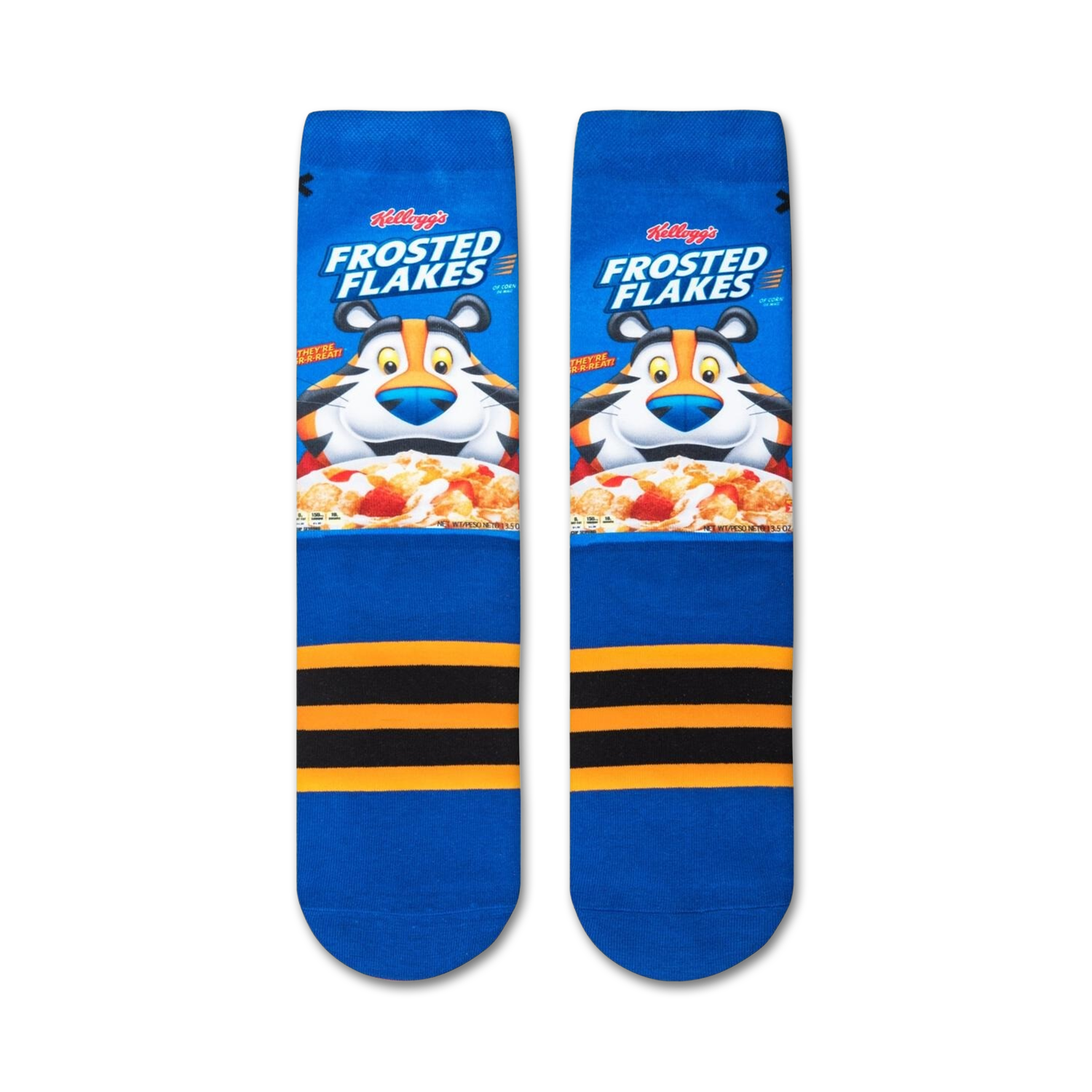 Close-up view of two Frosted Flakes socks laid flat, showing the full design and details.