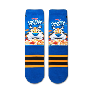 A close up of a blue sock with a picture of Tony the Tiger on it. Tony is the mascot for Frosted Flakes, a breakfast cereal made by Kellogg's.