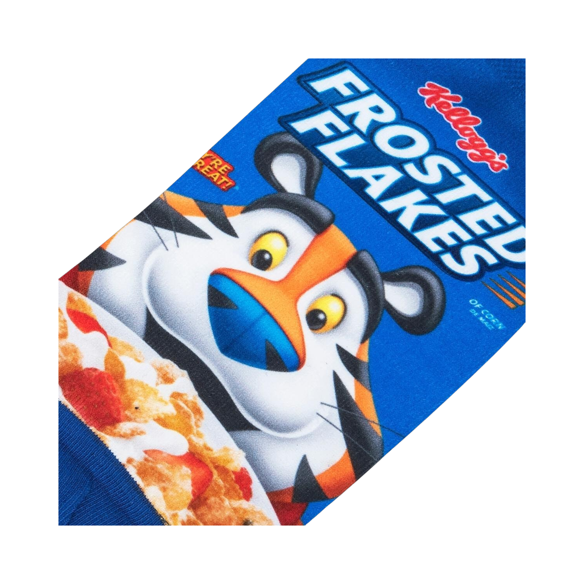 Detailed close-up shot of the Frosted Flakes cereal box design on the sock, focusing on Tony the Tiger.