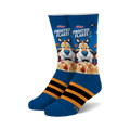 Pair of crew socks, predominantly blue, featuring a Frosted Flakes cereal box design with Tony the Tiger and orange stripes at the ankle.