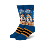 Pair of crew socks, predominantly blue, featuring a Frosted Flakes cereal box design with Tony the Tiger and orange stripes at the ankle.