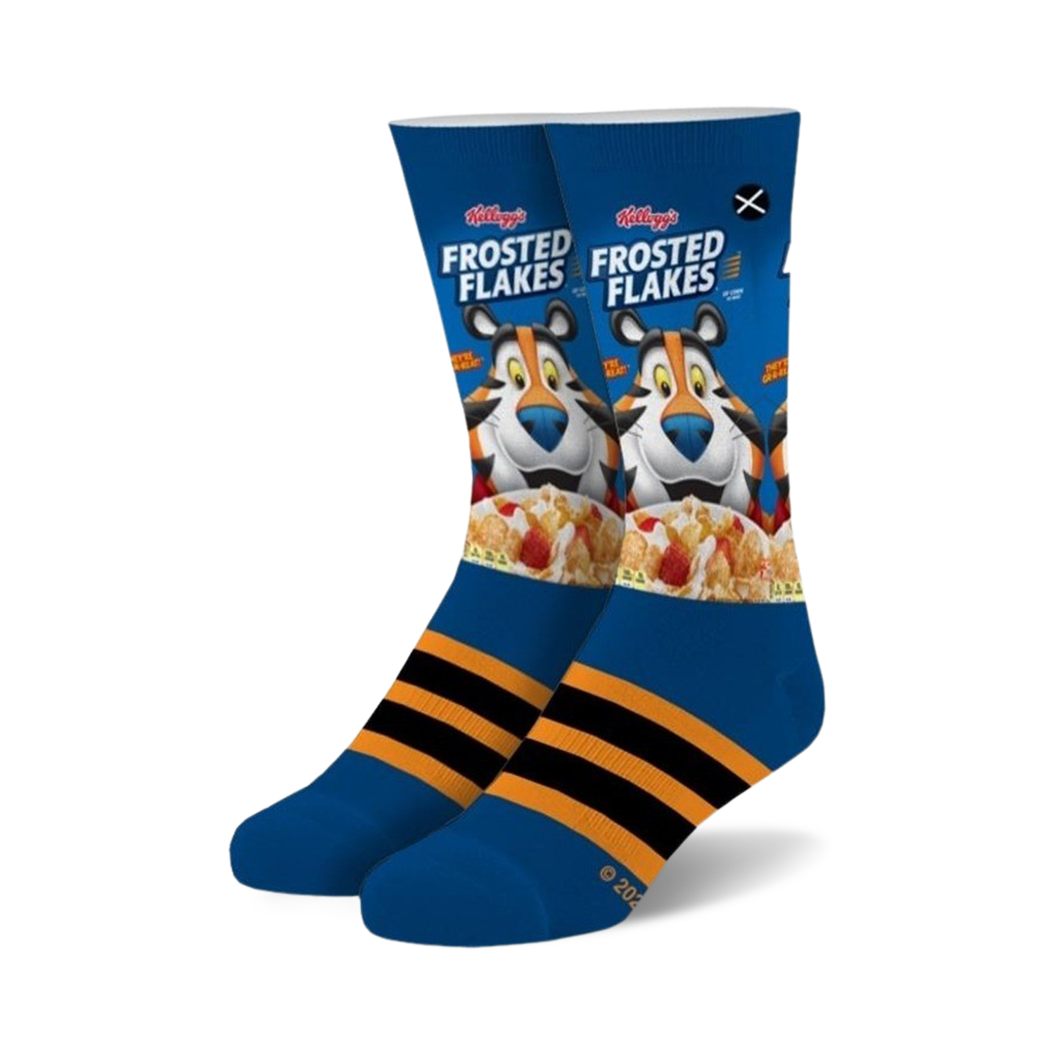Pair of crew socks, predominantly blue, featuring a Frosted Flakes cereal box design with Tony the Tiger and orange stripes at the ankle.