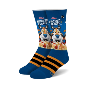 crew length, frosted flakes cereal-inspired socks featuring tony the tiger, blue, orange, red, yellow stripes, black toe and heel, for men and women.  