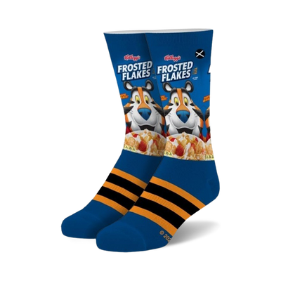 crew length, frosted flakes cereal-inspired socks featuring tony the tiger, blue, orange, red, yellow stripes, black toe and heel, for men and women.  