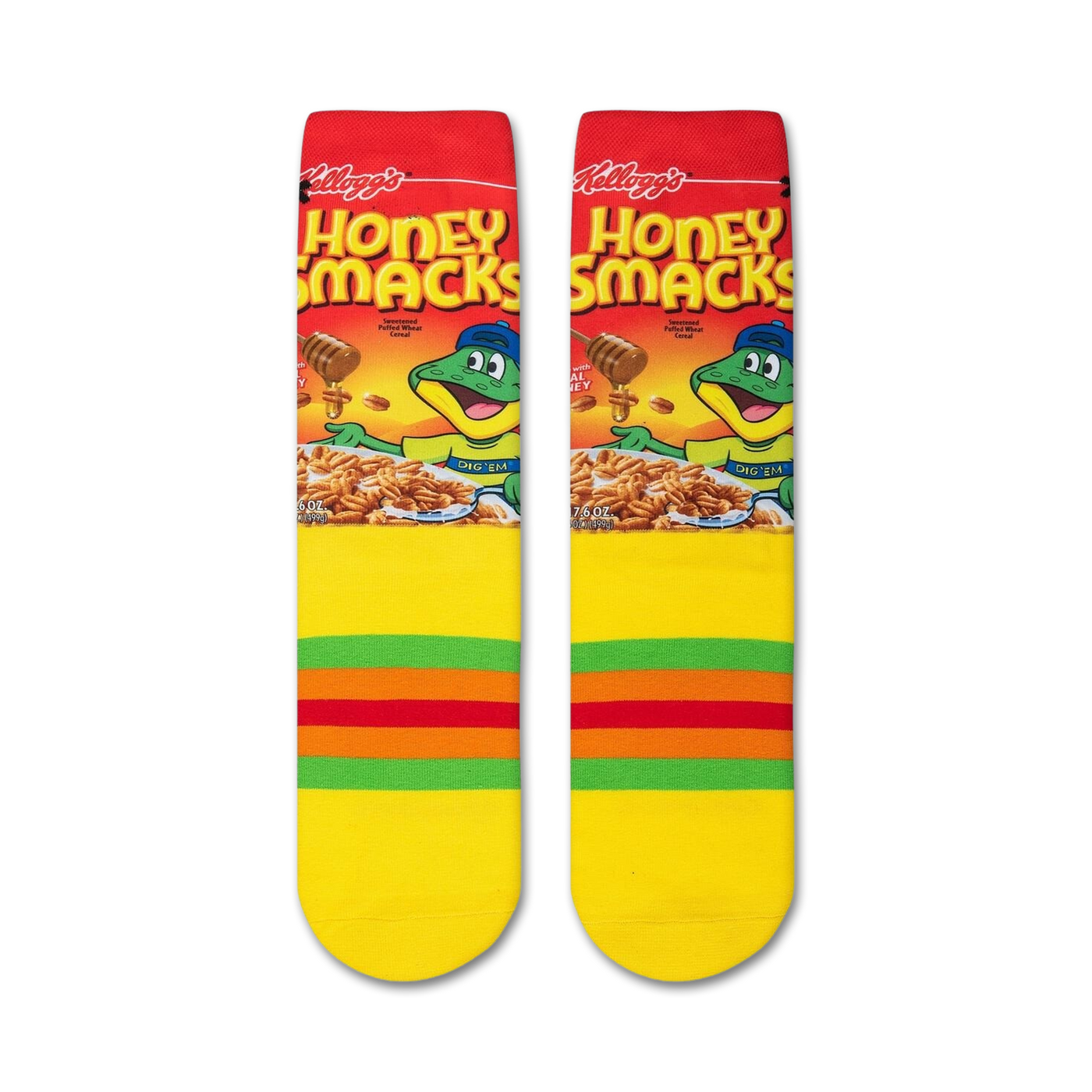 Close-up view of a pair of Honey Smacks socks, showcasing the cereal box design and yellow stripes.
