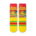 Close-up view of a pair of Honey Smacks socks, showcasing the cereal box design and yellow stripes.