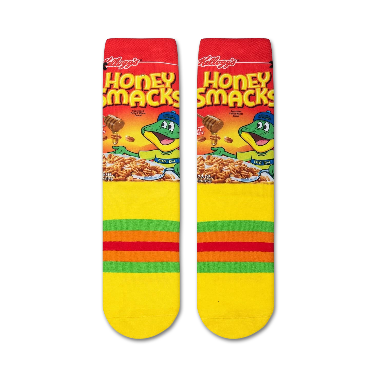 Close-up view of a pair of Honey Smacks socks, showcasing the cereal box design and yellow stripes.