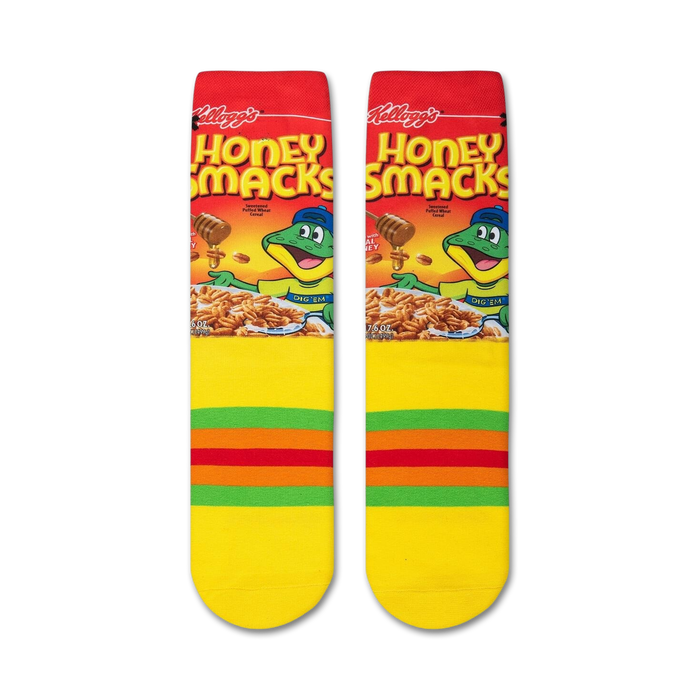 A red sock with a picture of the cereal box for Honey Smacks on it. The cartoon frog mascot is shown on the front of the box, along with the cereal and a bowl of milk. The text on the box says 