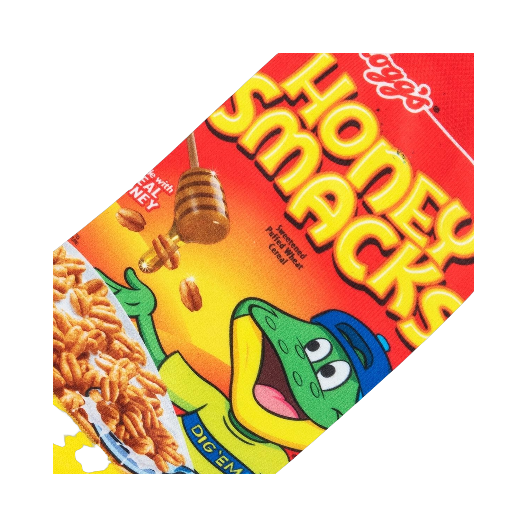 Detailed close-up of the Honey Smacks cereal box design on the socks, highlighting the mascot and cereal pieces.