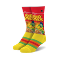 Pair of crew socks; predominantly yellow with a Honey Smacks cereal box design and colorful stripes at the cuff.