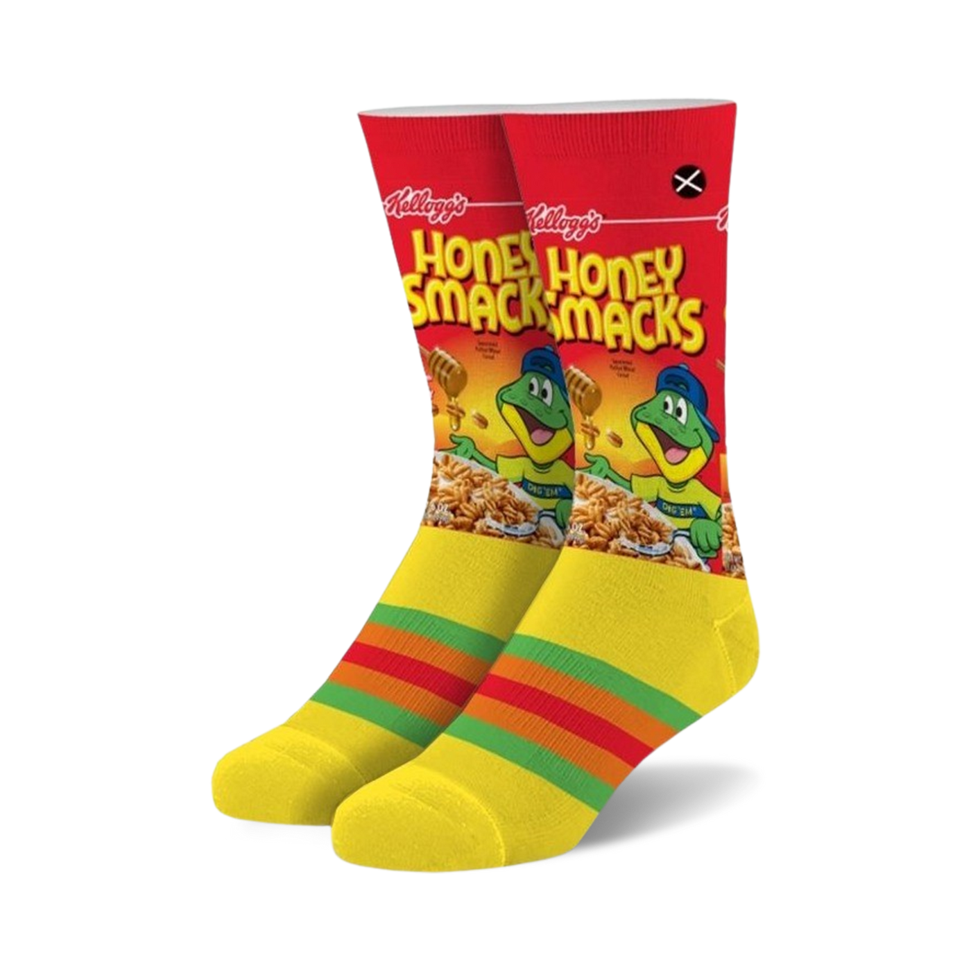 Pair of crew socks; predominantly yellow with a Honey Smacks cereal box design and colorful stripes at the cuff.