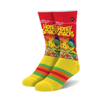 Pair of crew socks; predominantly yellow with a Honey Smacks cereal box design and colorful stripes at the cuff.
