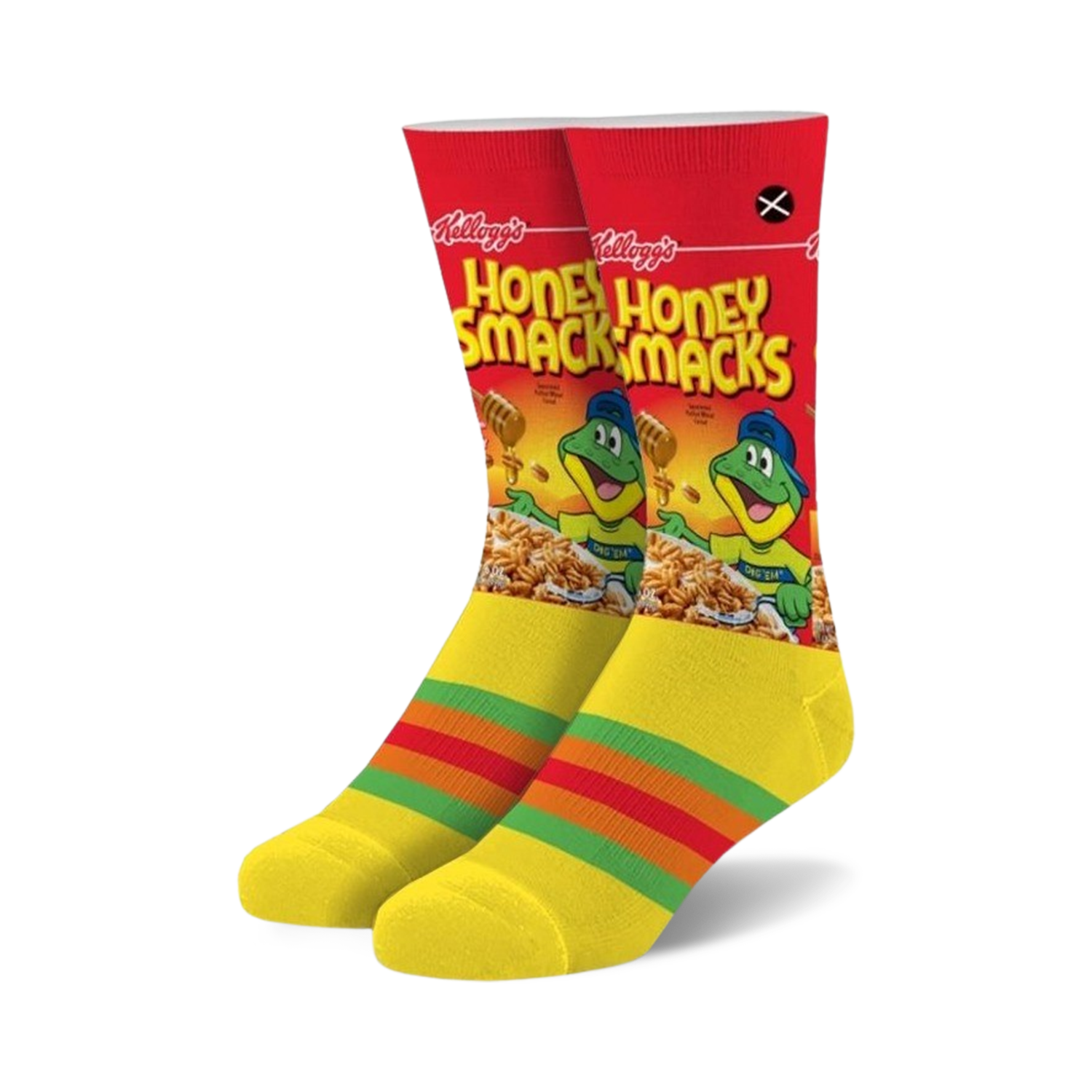 Pair of crew socks; predominantly yellow with a Honey Smacks cereal box design and colorful stripes at the cuff.