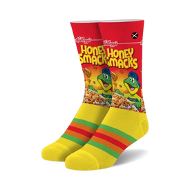 yellow crew socks with honey smacks cereal box and green frog mascots.   