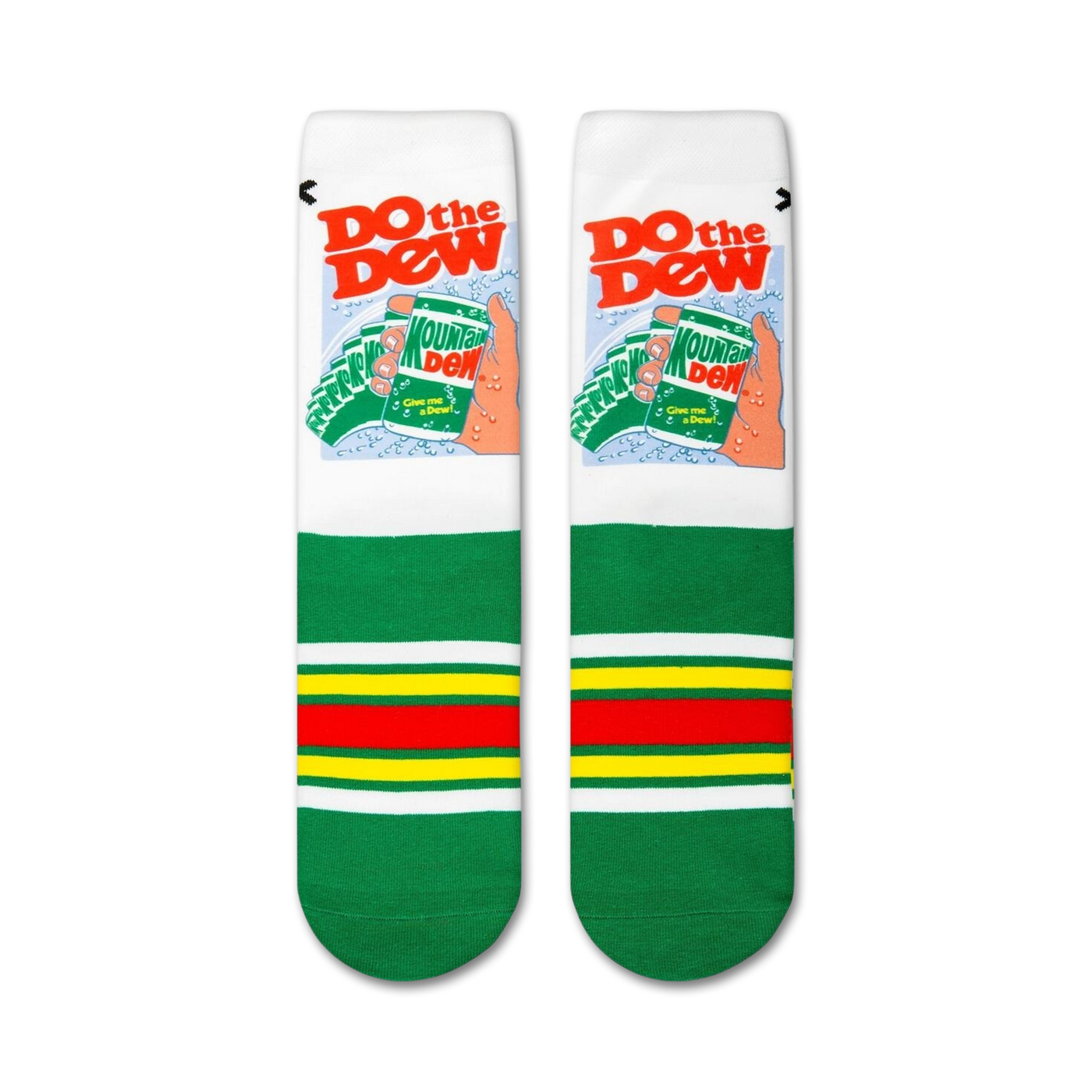 Flatlay showcasing a pair of Mountain Dew 'Do the Dew' socks highlighting the design details.