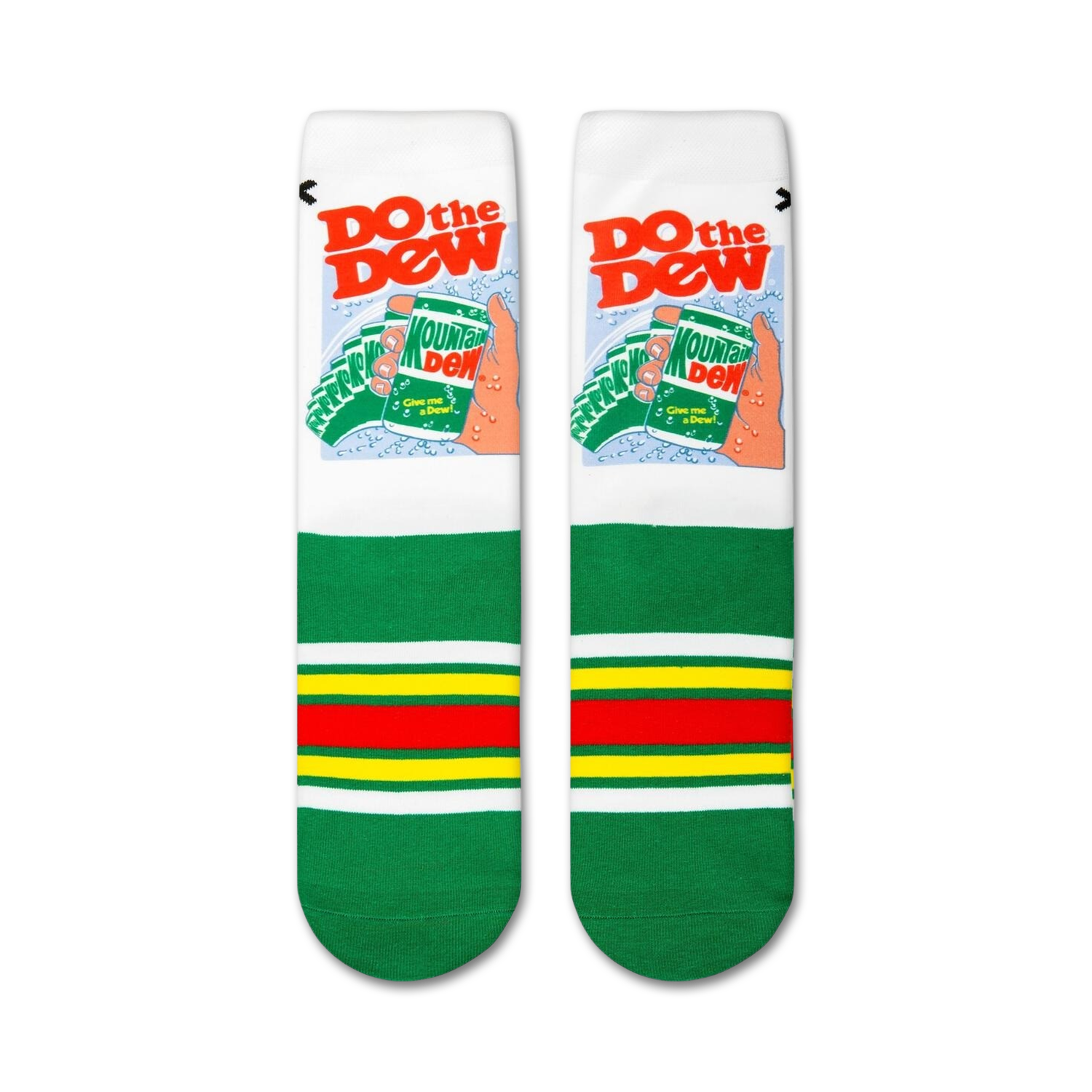 Flatlay showcasing a pair of Mountain Dew 'Do the Dew' socks highlighting the design details.