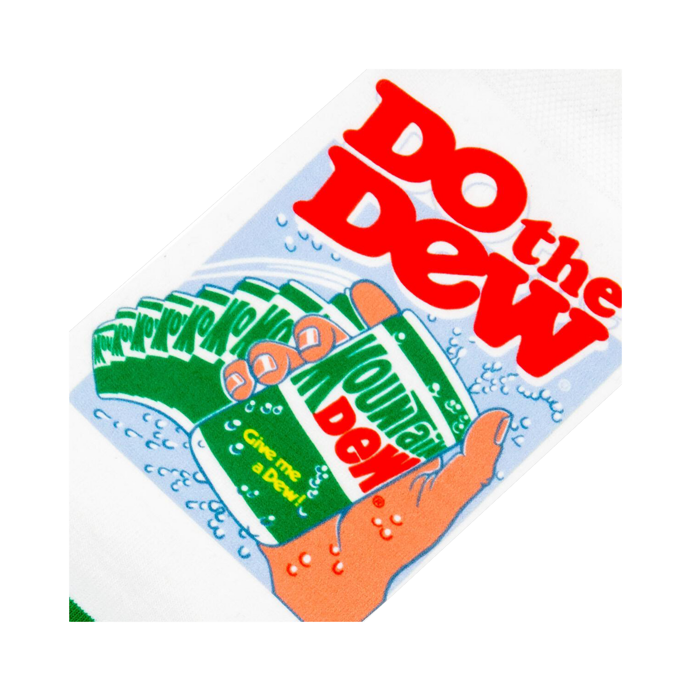 Close-up detail shot of the Mountain Dew can and 'Do the Dew' graphic on the socks.
