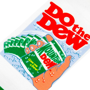 A white background with a cartoon hand holding a can of Mountain Dew soda. The can is green with white writing and a red circle with yellow writing. The hand is red and yellow.