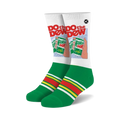 Pair of white crew socks with a retro Mountain Dew design, green and red stripes, and the words 'Do the Dew'.