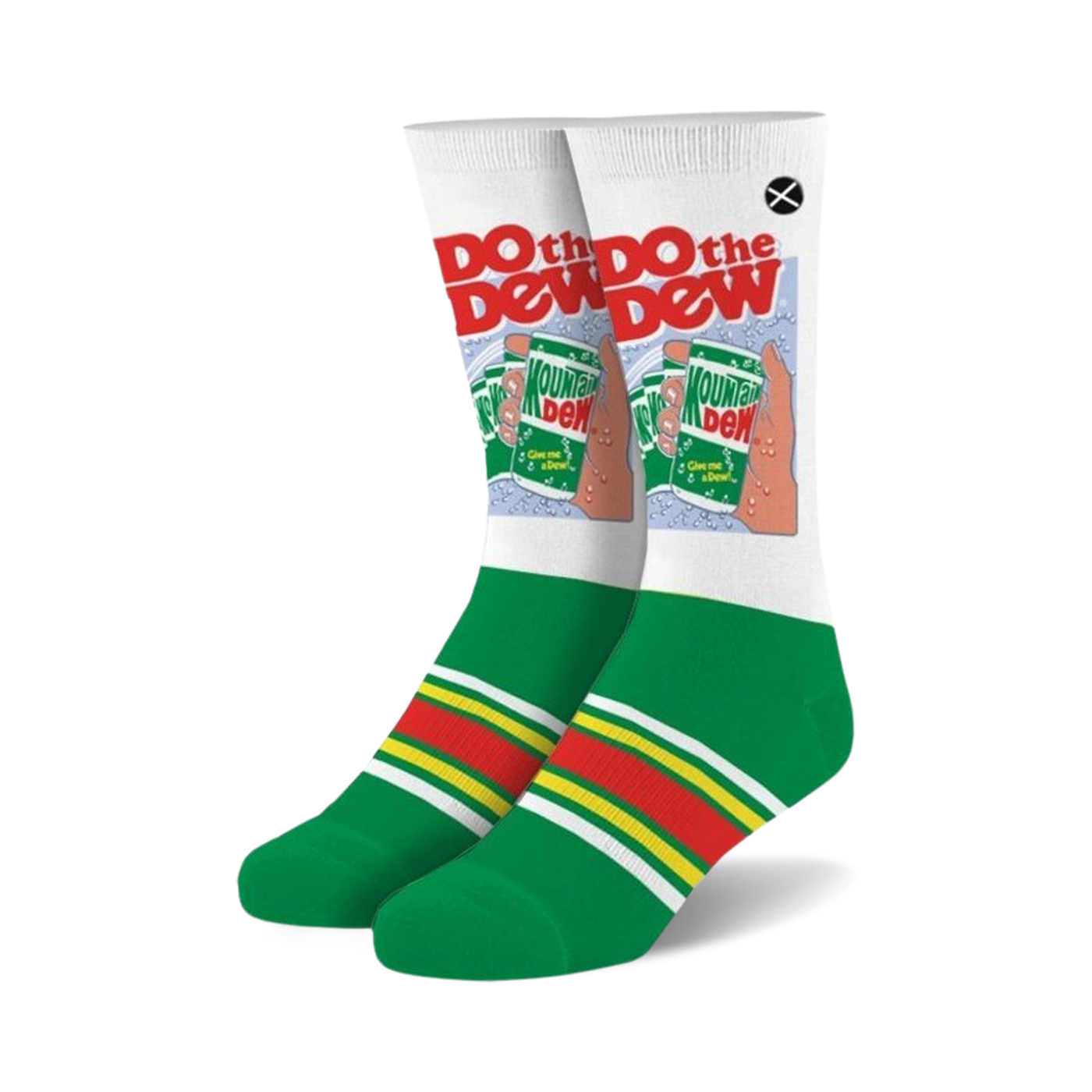 Pair of white crew socks with a retro Mountain Dew design, green and red stripes, and the words 'Do the Dew'.