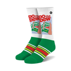 Pair of white crew socks with a retro Mountain Dew design, green and red stripes, and the words 'Do the Dew'.