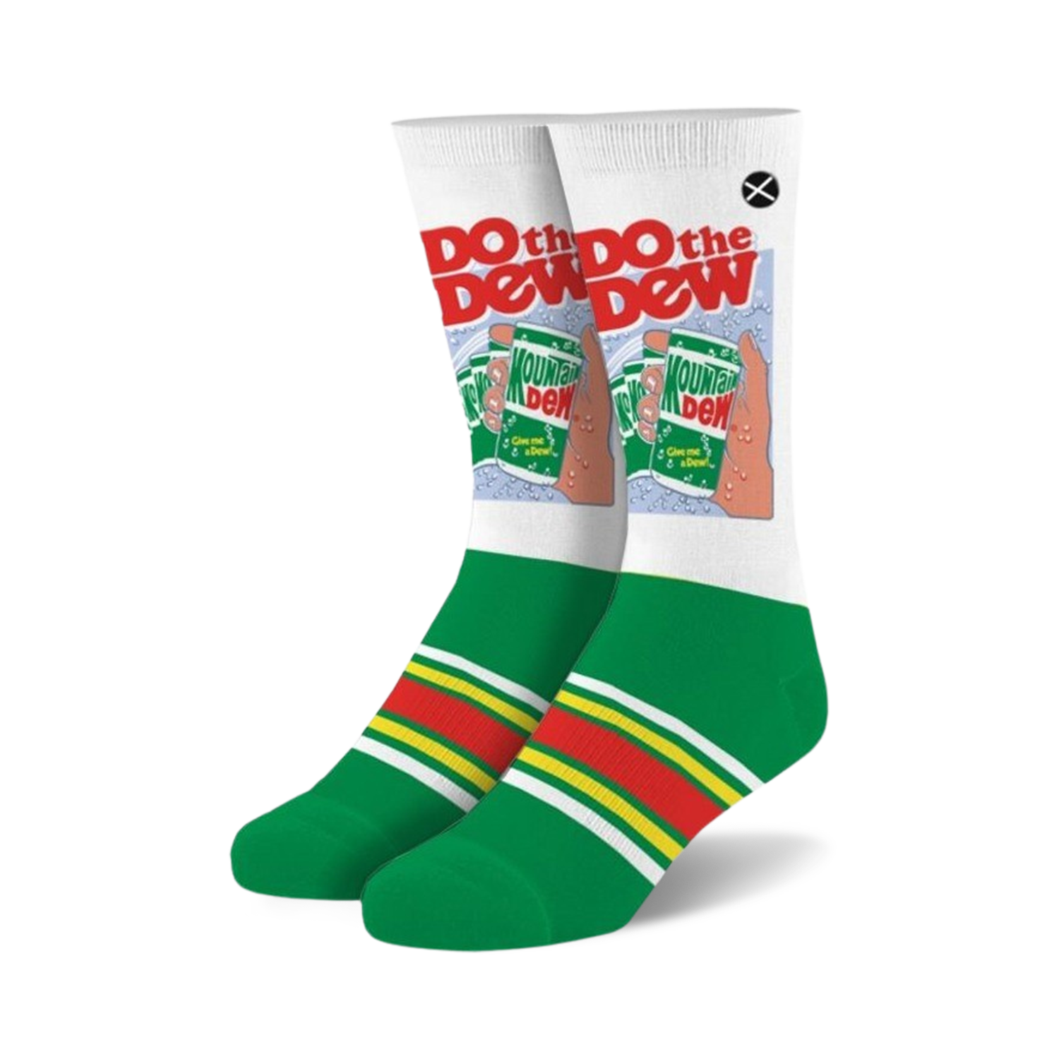 Pair of white crew socks with a retro Mountain Dew design, green and red stripes, and the words 'Do the Dew'.