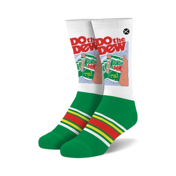 mountain dew logo socks in crew length with green and red stripes, green heel and toe, image of hand holding a can of mountain dew.    