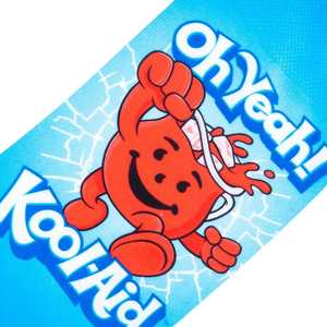 Kool-Aid Man mascot Kool-Aid Man is smiling with his Kool-Aid pitcher held high and tilted with a large amount of the red liquid being poured out. The Kool-Aid Man is surrounded by large white letters that spell out 