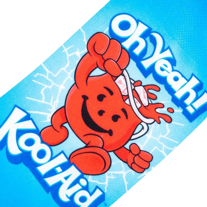 Kool-Aid Man mascot Kool-Aid Man is smiling with his Kool-Aid pitcher held high and tilted with a large amount of the red liquid being poured out. The Kool-Aid Man is surrounded by large white letters that spell out 